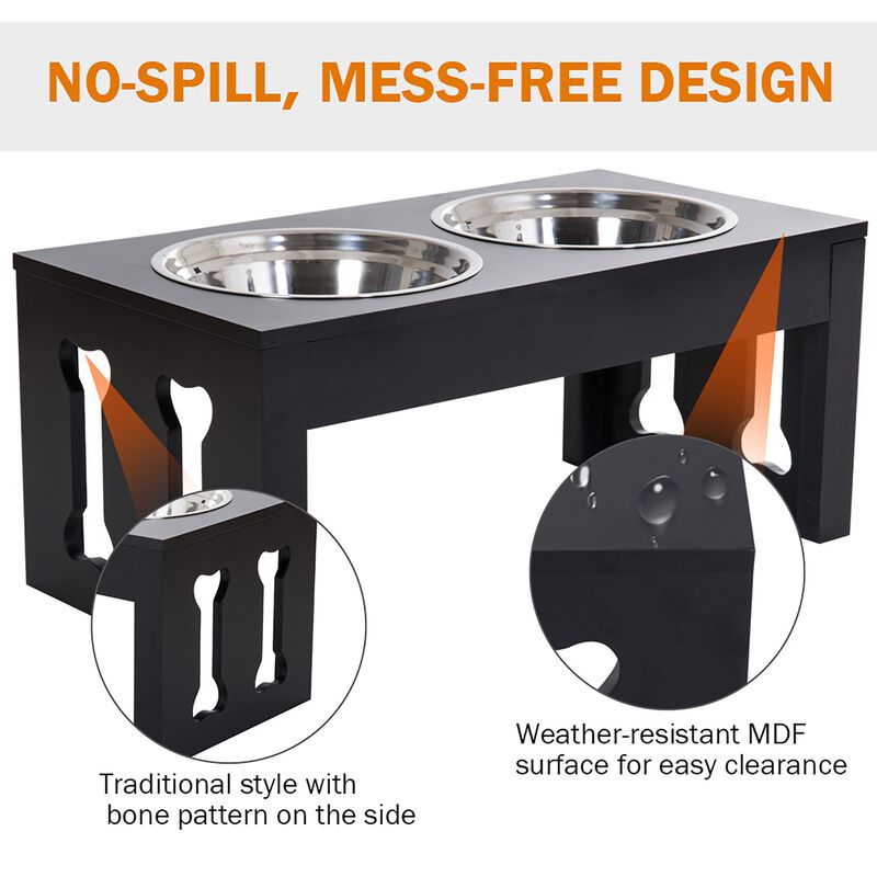 Black Modern Pet Diner: 23" Bone-Shaped Wooden Elevated Dog Bowl Stand