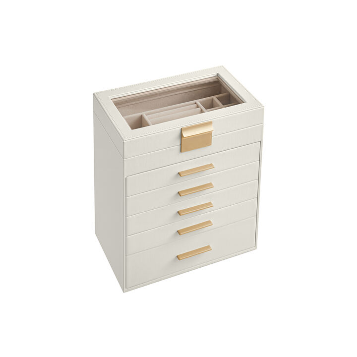 Modern 6-Layer Jewelry Organizer with Glass Lid and 5 Drawers - Ideal for Big Jewelry and Sunglasses