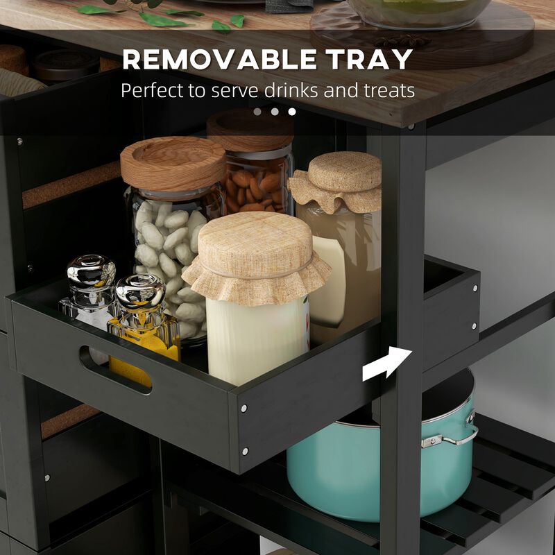 Black Kitchen Island: Wood Top, Shelves, Drawers, Wheeled