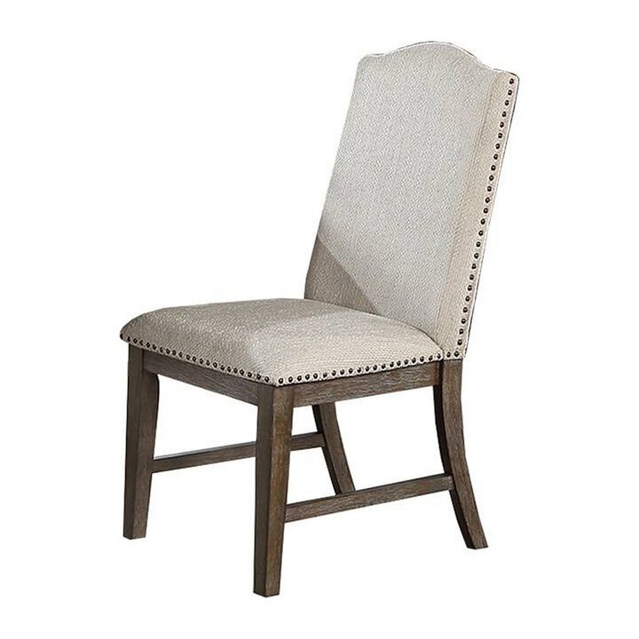 Alex Dining Side Chair Set of 2, High Back, Nailhead Brown Wood, Beige - Benzara