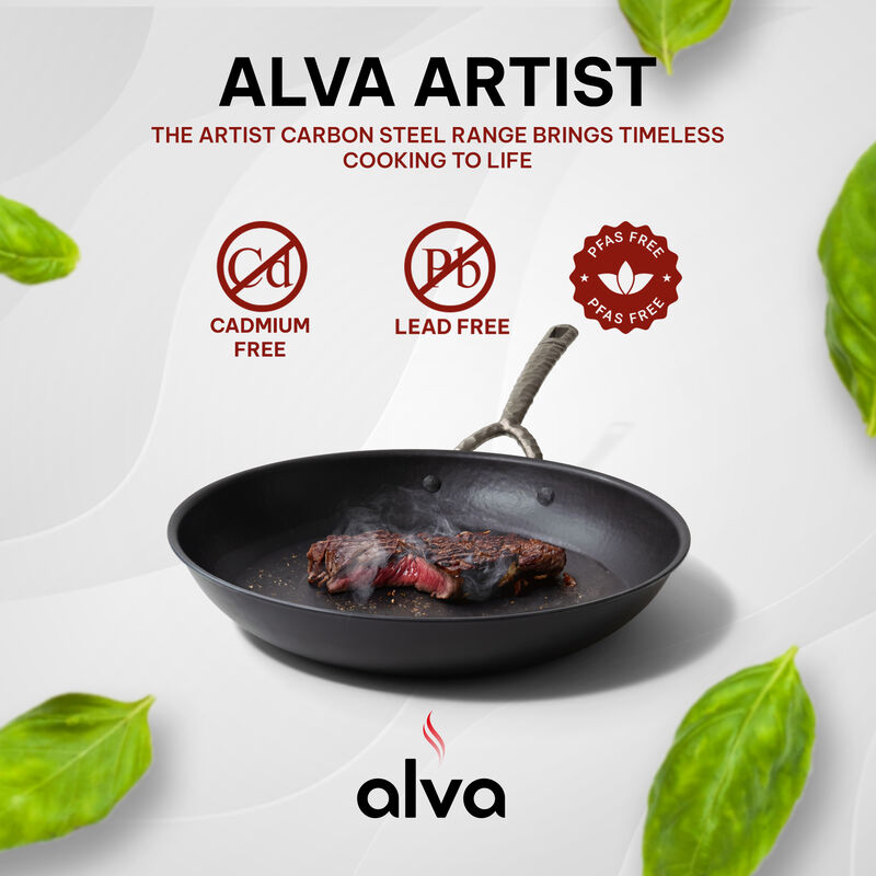 Alva Artist Carbon Steel Pan Pre-Seasoned with Natural Mineral Oil, Non Toxic Hammered Carbon Steel Nonstick Frying Pan Skillet for Searing Steak, Compatible with All Stovetops & Induction Safe