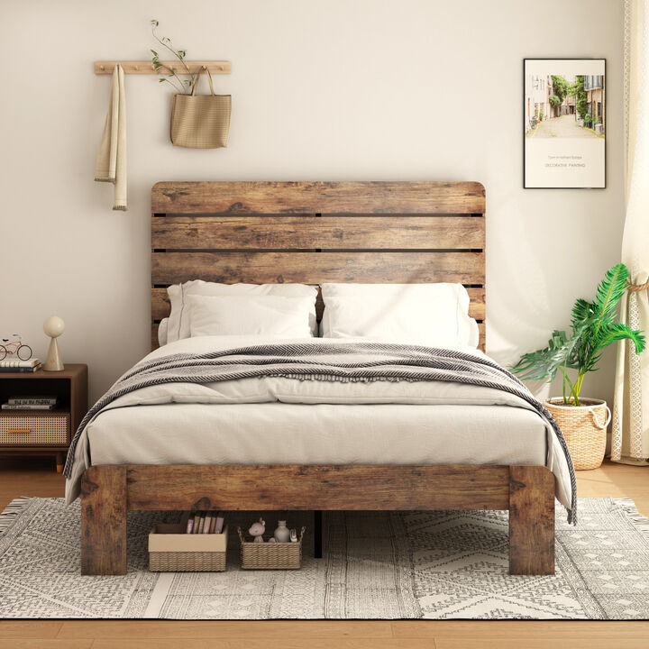 Queen Size Wood Platform Bed Frame with Storage in Dark Brown