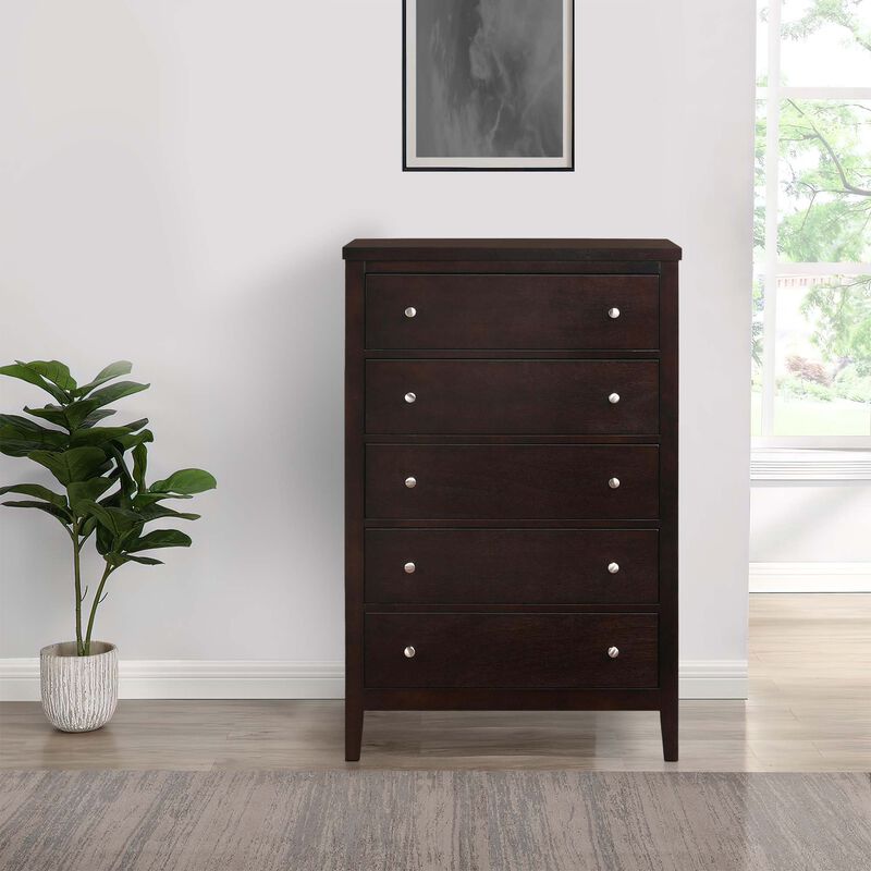 Con 48 Inch Tall 5 Drawer Dresser Chest, Silver Knobs, Cappuccino Brown-Benzara