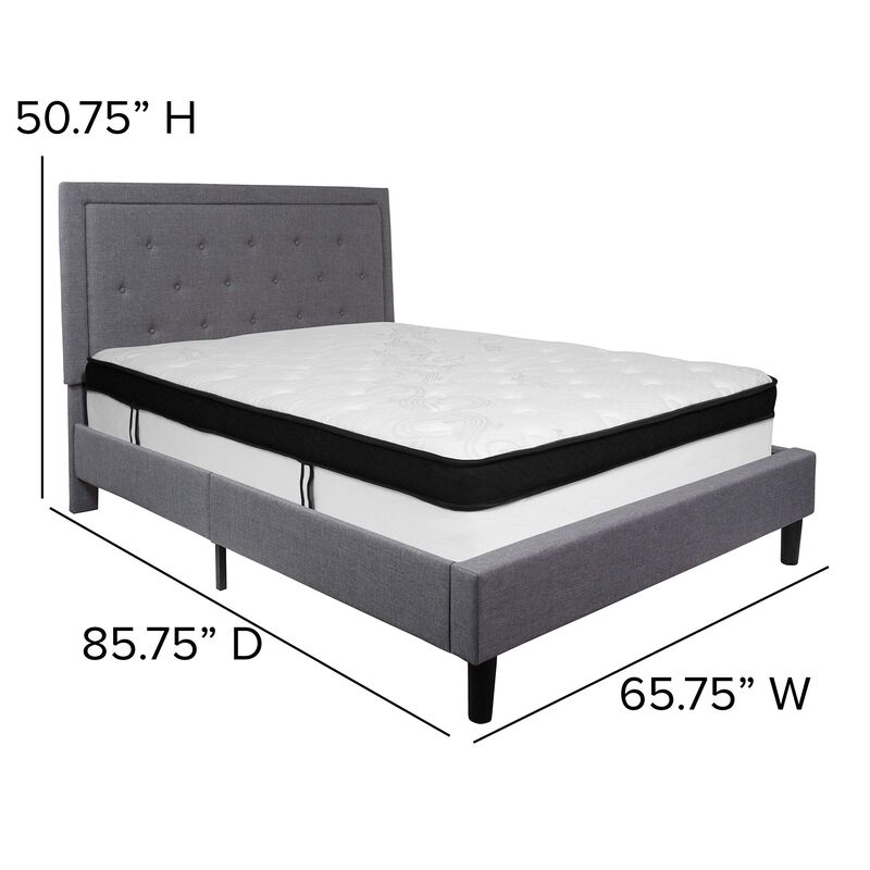 Roxbury Queen Size Tufted Upholstered Platform Bed in Light Gray Fabric with Memory Foam Mattress