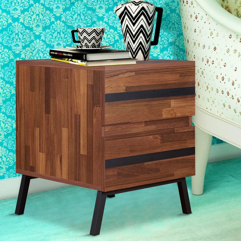 Two Drawers Wooden End Table with Angled Leg Support, Brown and Black-Benzara