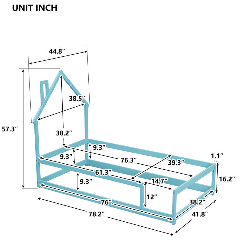 Twin Size Wood Bed With House-Shaped Headboard Floor Bed With Fences, Light Blue