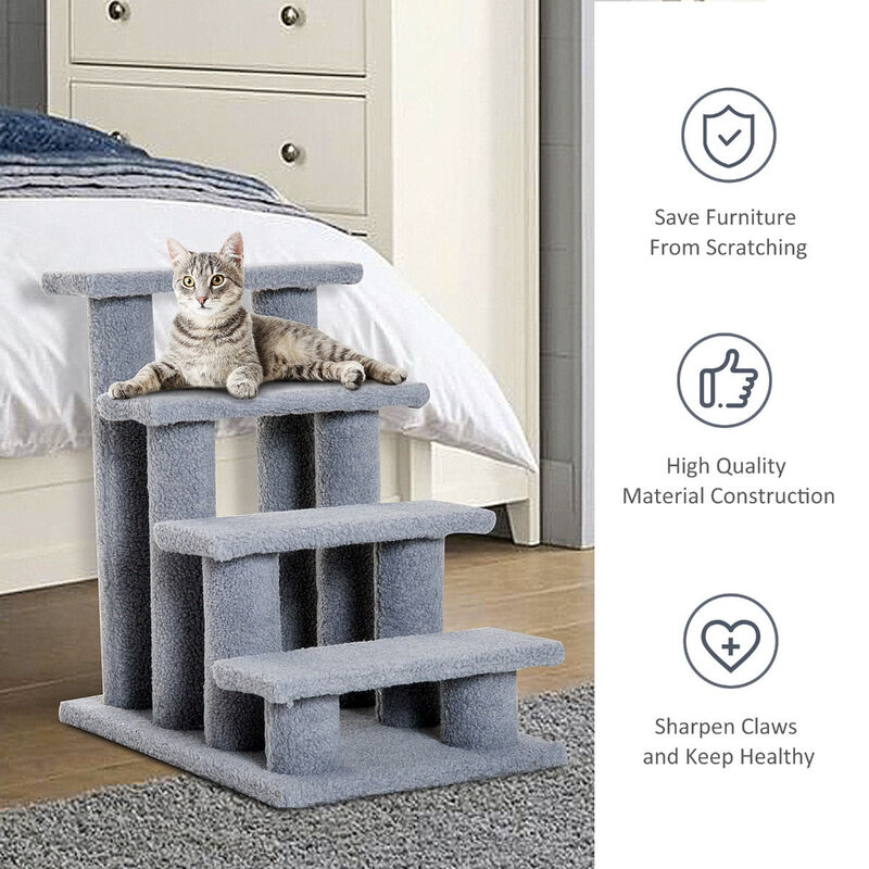Gray Feline Climber: 25" 4-Step Carpeted Cat Stairs with Toy