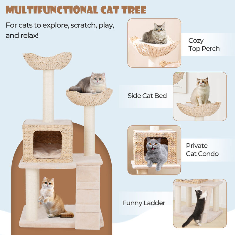 48" Cattail Cat Tower with Sisal Scratching Posts, Cozy Perch & Condo for Indoor Cats