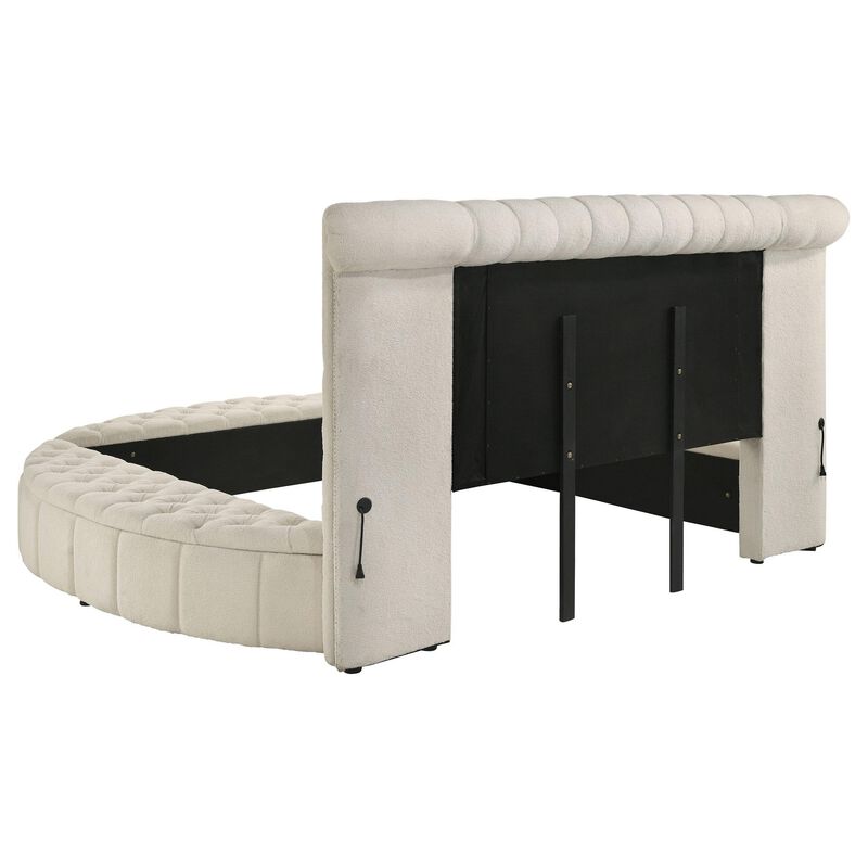 Neya King Round Bed with Storage, Wingback, Ivory Boucle Upholstery - Benzara