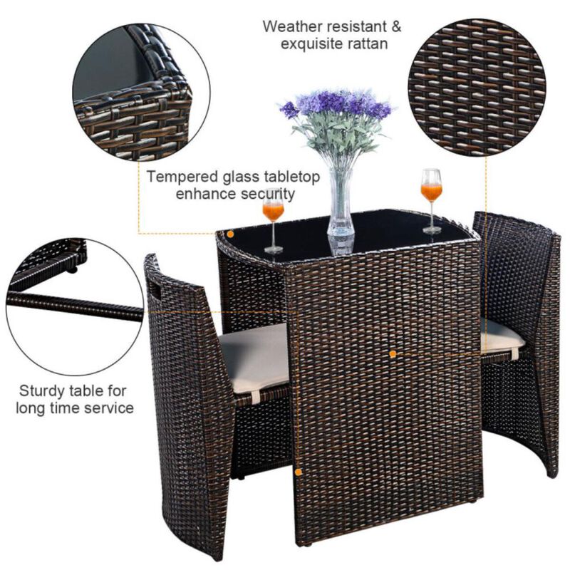 Hivvago 3 Pieces Cushioned Wicker Patio Bistro Set with No Assembly Needed