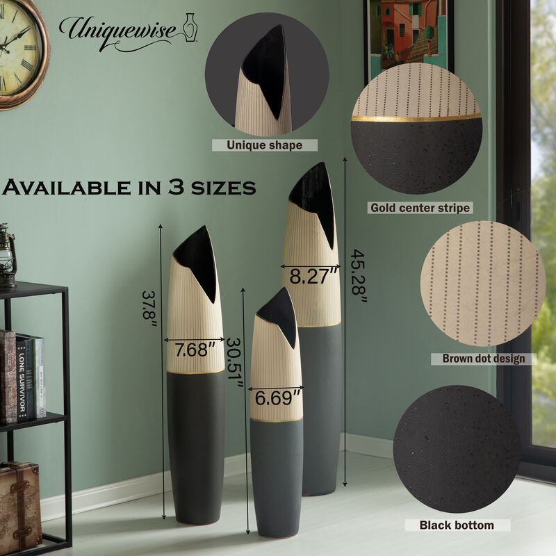 45-Inch Tall Freestanding Ceramic Floor Vase - Handcrafted Beige Polka Dot Striped Top and Black Bottom, Large Waterproof Vase for Tall Floral Arrangements, Unique Shaped Flower Holder