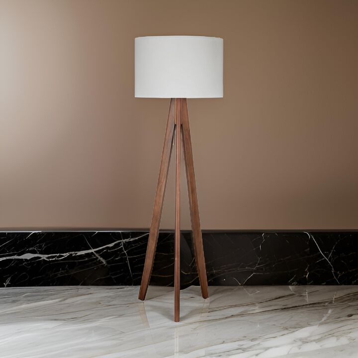 Megan 71 Inch Floor Lamp, White Drum Shade and Brown Wood Tripod Base - Benzara