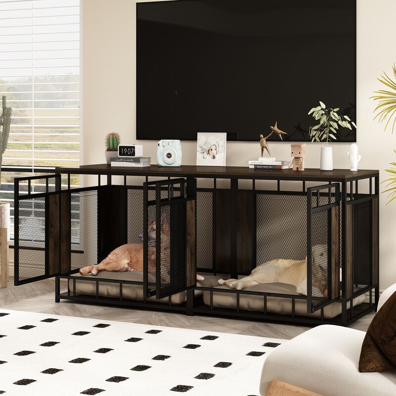 Dog House Large Pet Crate Furniture, Indoor Mesh and Wooden Dog Kennels for 2 Medium or Large Dogs, Walnut and Black