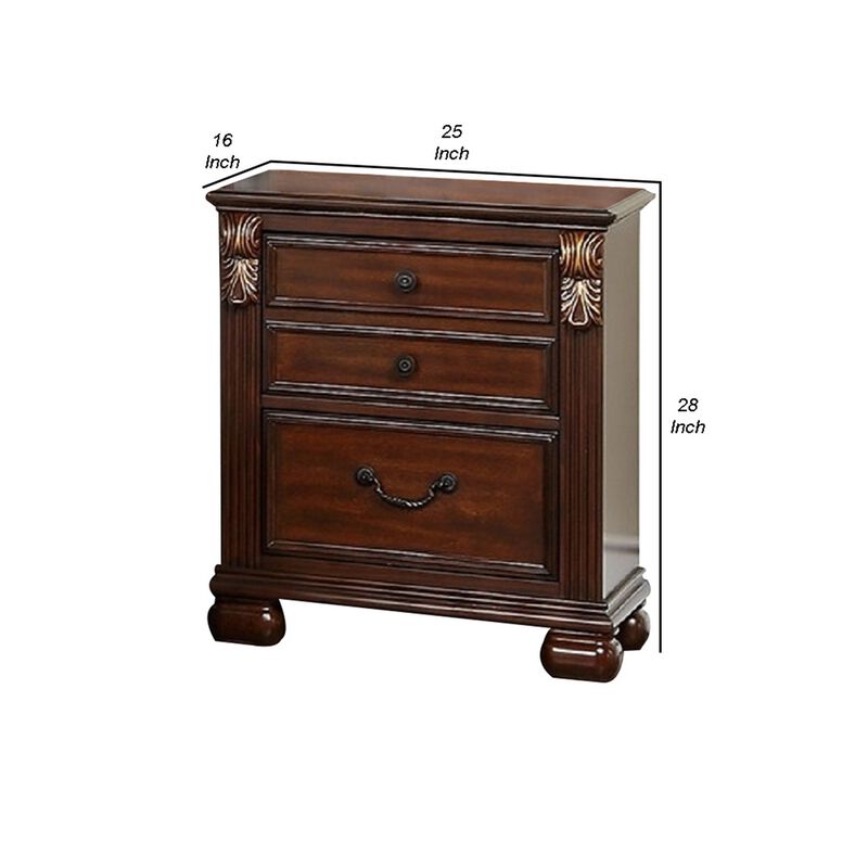 Miri 25 Inch 3 Drawer Nightstand, Brass Carved Accents, Cherry Oak Brown-Benzara