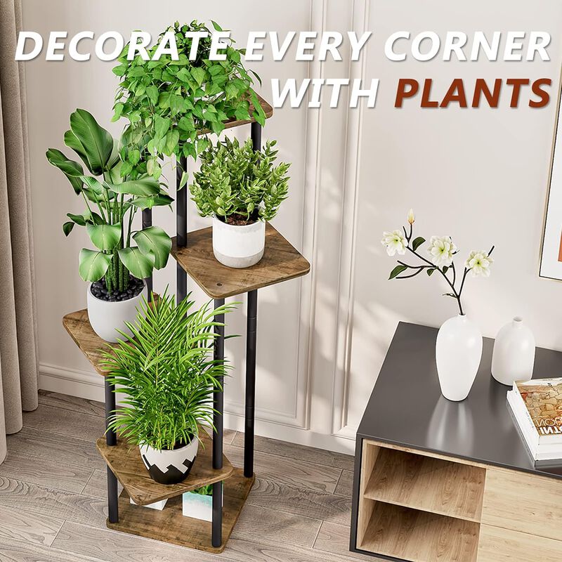 5 Tier-Black+Rustic Brown Shelving, Plant Stand, Interior Metal Flower Stand