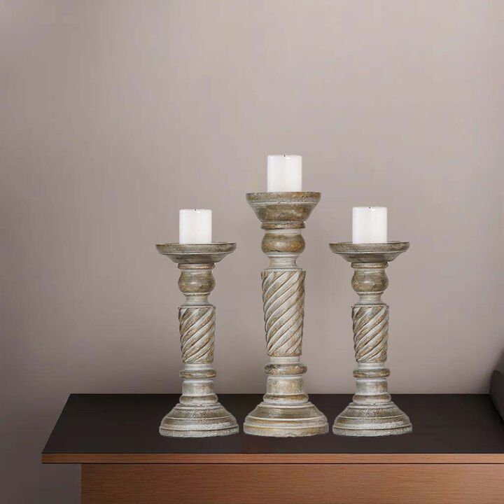 BBH Homes Traditional Gray Wash Eco-friendly Handmade Mango Wood Set Of Three 9",12" & 9" Pillar Candle Holder