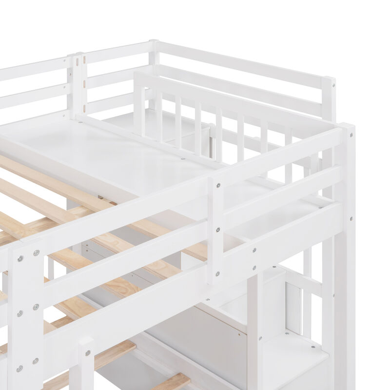 Full Over Twin & Twin Bunk Bed, Wood Triple Bunk Bed With Drawers And Guardrails