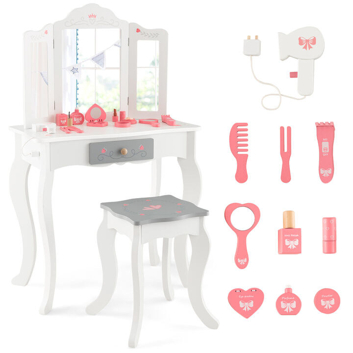 Kids Vanity Set with Tri-Folding Mirror – Girls' Makeup Table with Storage and Chair