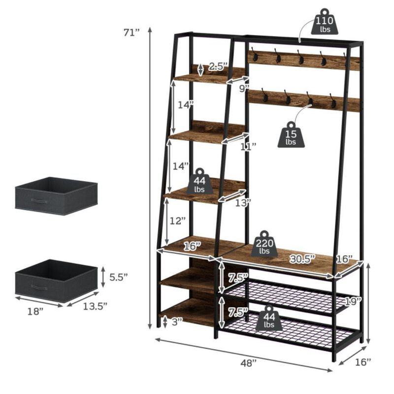 Hivvago 6-in-1 Freestanding Hall Tree Coat Rack with Bench and Fabric Dressers