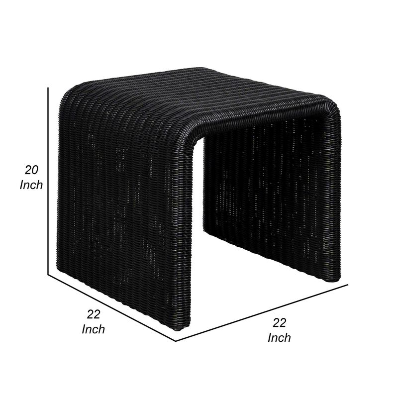 Gigi 22 Inch Side End Table, Black Woven Rattan, Square Waterfall Edges - Benzara