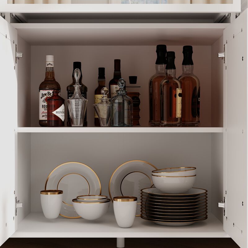 White Paint 4 Doors Mirrored Buffet Cabinet Sideboard With 3 Mirror Drawers and Adjustable Shelves for Kitchen Dining