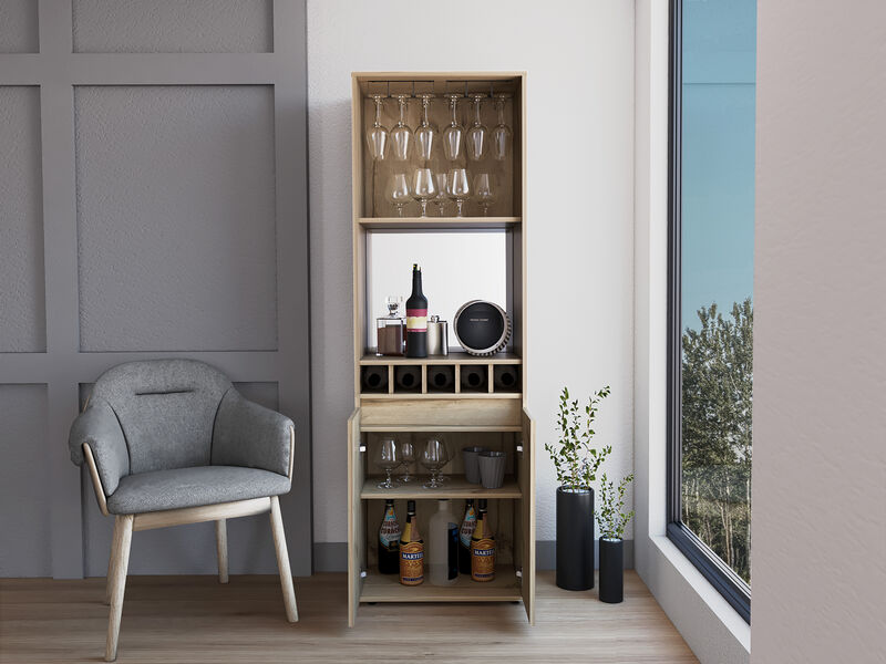 DEPOT E-SHOP Dallas Bar Double Door Cabinet, Five Built-in Wine Rack, Two Shelves, Two Interior Shelves, Light Oak