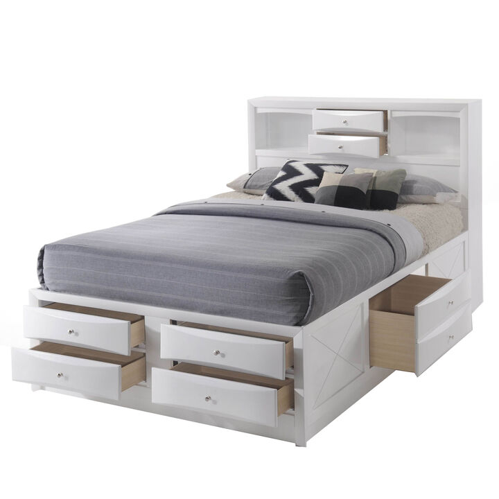 Eight Drawer Full Size Storage Bed with Bookcase Headboard, White - Benzara Eight Drawer Full Size Storage Bed with Bookcase Headboard, White - Benzara