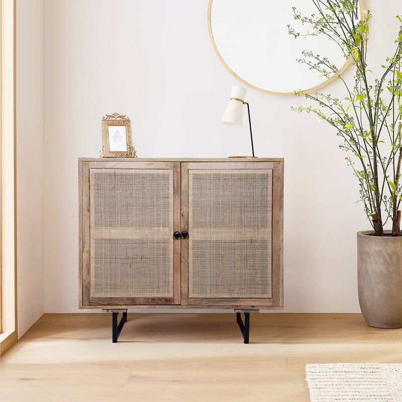 35 Inch Handcrafted Accent Cabinet with 2 Mesh Rattan Doors, Black Iron Legs, Natural Brown Mango Wood Frame-Benzara