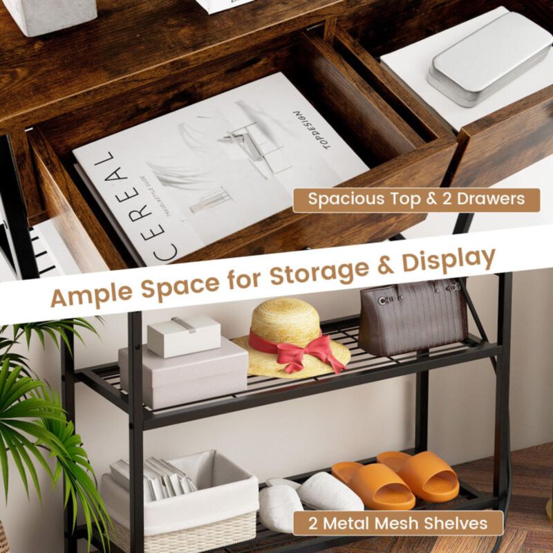 Hivvago Narrow Console Table with 2 Drawers and 2 Metal Mesh Shelves