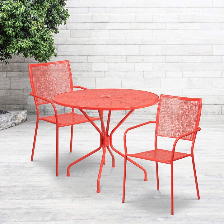Flash Furniture Commercial Grade 35.25" Round Coral Indoor-Outdoor Steel Patio Table Set with 2 Square Back Chairs