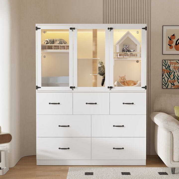 FUFU&GAGA MDF Cat Cabinet with 7 Spacious Drawers, Metal Handles & Lock – Cable Management, Cat Hole, (55" x 19.7" x 70.9"), White