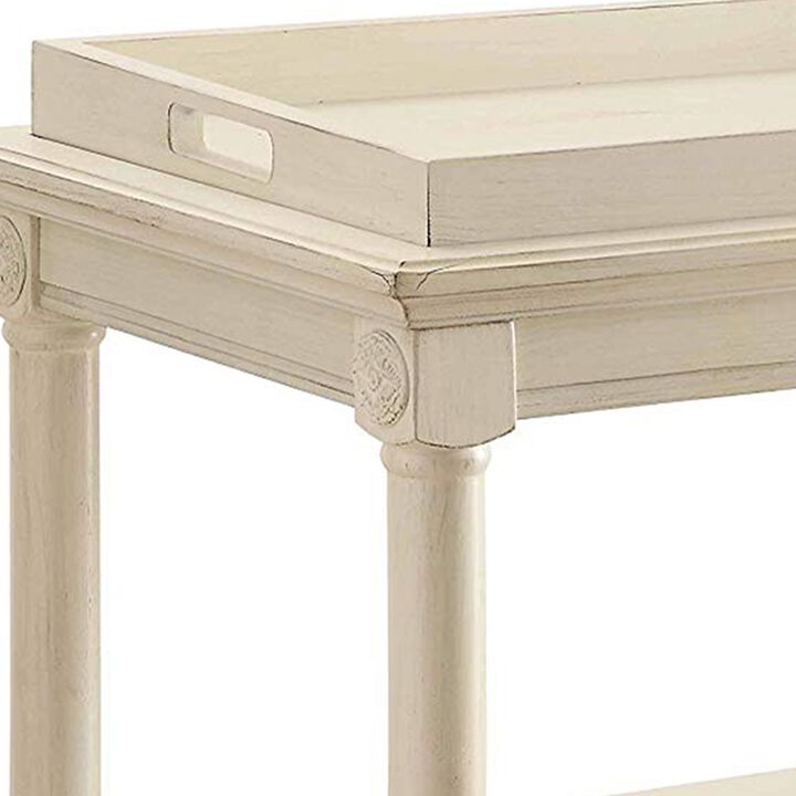 Wooden Serving Tray Table, Antique White - Benzara