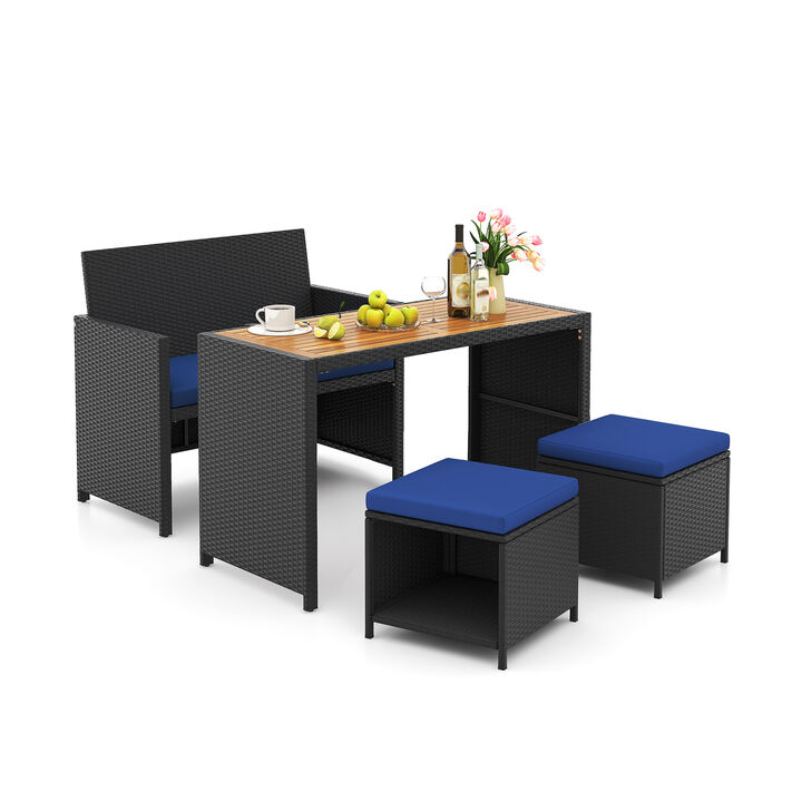 4 Piece Outdoor Dining Set with Wood Topped Dining Table  Rattan Loveseat Chair and 2 Ottomans