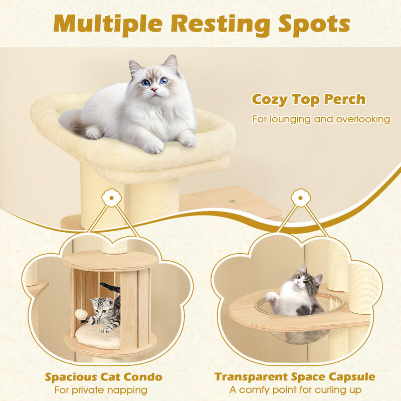 Tall Cat Tree Wooden Cat Tower with Cozy Perch Condo Space Capsule