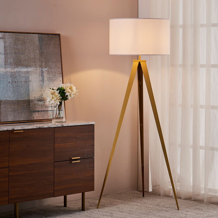 Teamson Home Romanza 62" Postmodern Tripod Floor Lamp with Drum Shade, Matte Gold/White