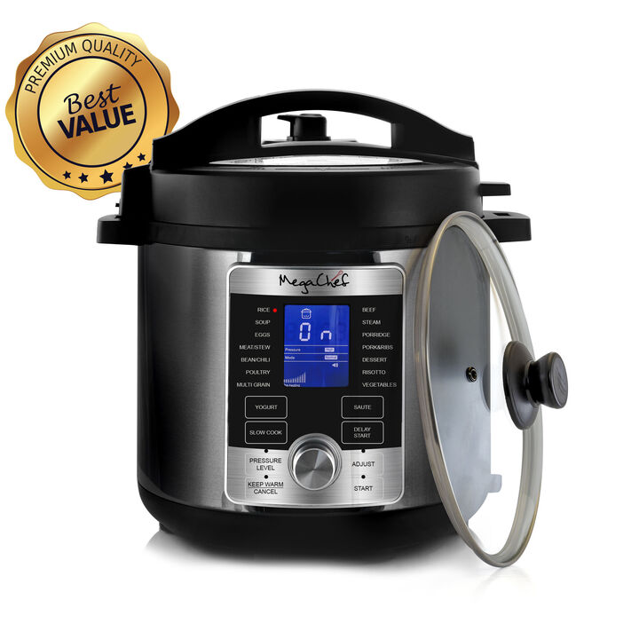 MegaChef 6 Quart Stainless Steel Electric Digital Pressure Cooker with Lid