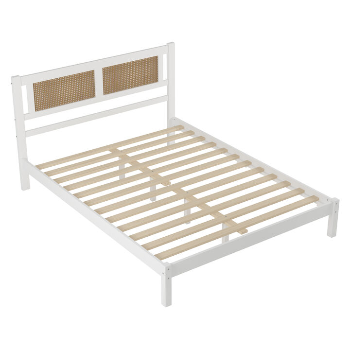 Queen Bed Bedroom Set with Woven Rattan Headboard and Nightstands