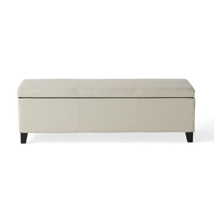 Elias Storage Ottoman Bench, Detailed Ivory Faux Leather, 51 Inch -Benzara