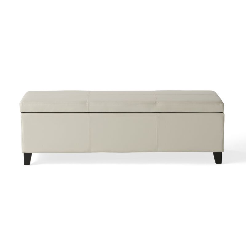 Elias Storage Ottoman Bench, Detailed Ivory Faux Leather, 51 Inch -Benzara