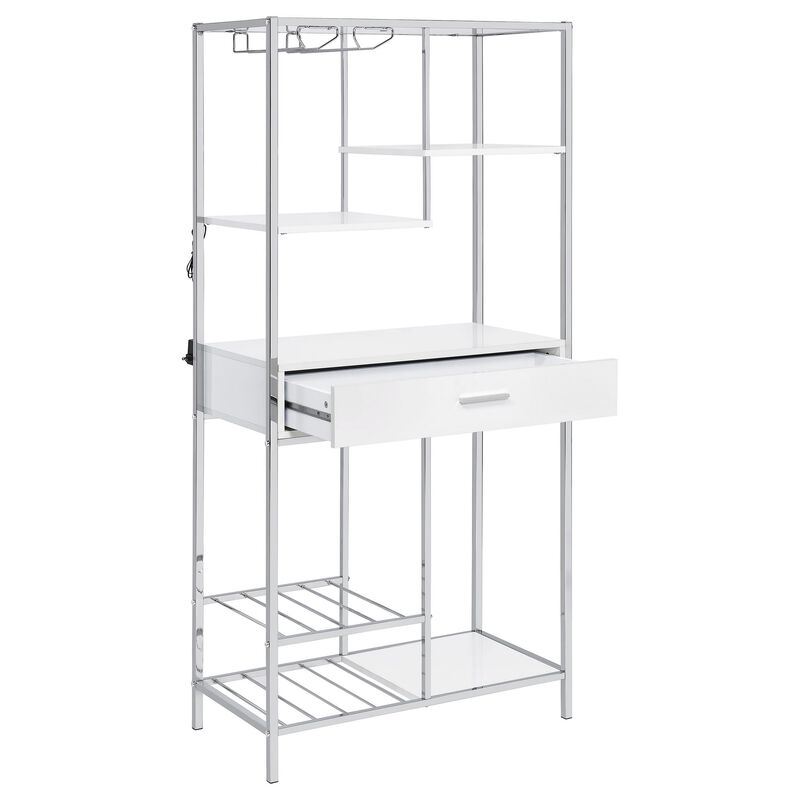 Roa 67 Inch Wine Bar Storage with 5 Shelves, 1 Drawer, White, Chrome Metal - Benzara