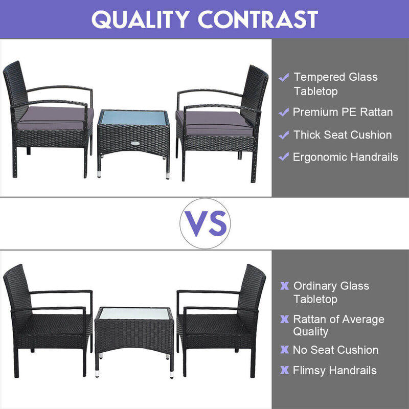 3 Pieces Patio Wicker Rattan Furniture Set with Cushion for Lawn Backyard