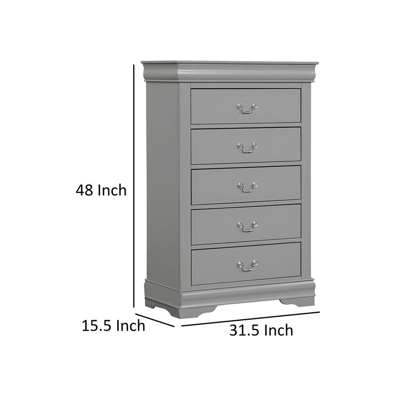 Ryla Tall Dresser Chest, 5 Drawers, Metal Handles, Light Gray Solid Wood
