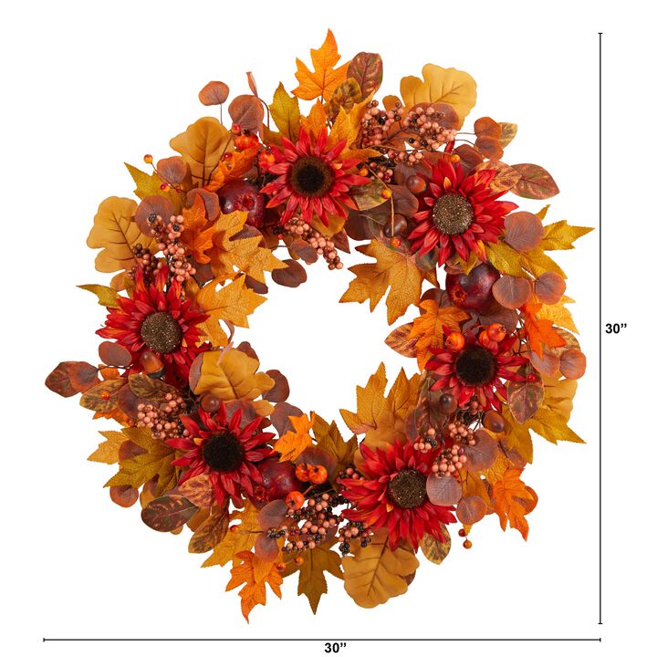 Hivvago 30" Fall Acorn, Sunflower, Berries and Autumn Foliage Artificial Wreath