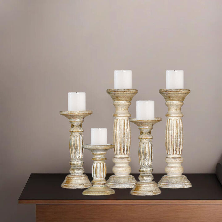 Traditional Antique White Eco-friendly Handmade Mango Wood Set Of Five 9",12",15",12" & 9" Pillar Candle Holder