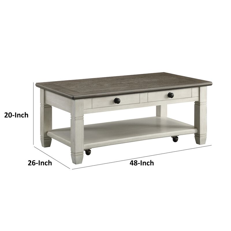 Rome 48 Inch Cocktail Coffee Table, 2 Drawers, White and Brown, Solid Wood - Benzara