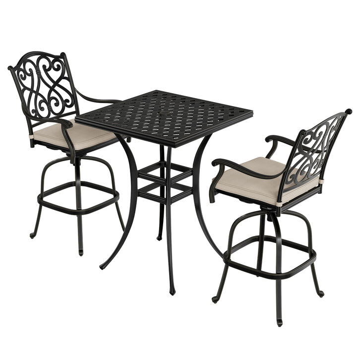 Mondawe3-Piece Patio Bistro Set Cast Aluminum 2 High Bar Swivel Chairs with Cushion and 1 Square Table