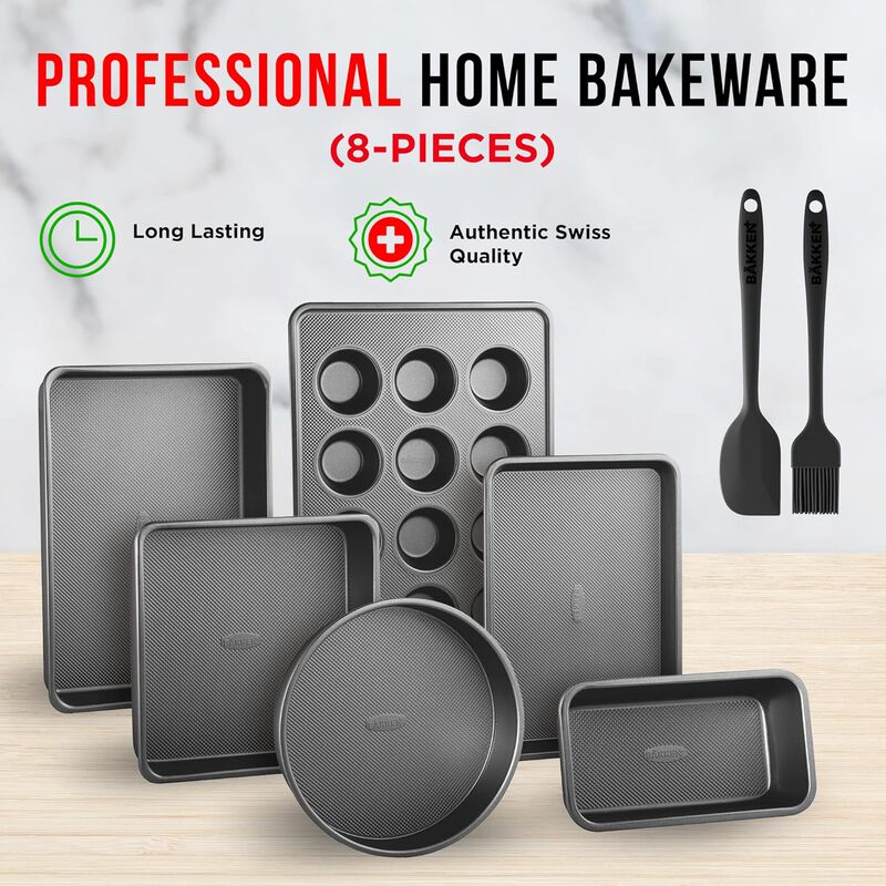 Bakeware Set – 8 Piece – Non-Stick Professional Home Bakeware – Multi Sized Baking Pan Set - Muffin Pan, Loaf Pan and More - Black