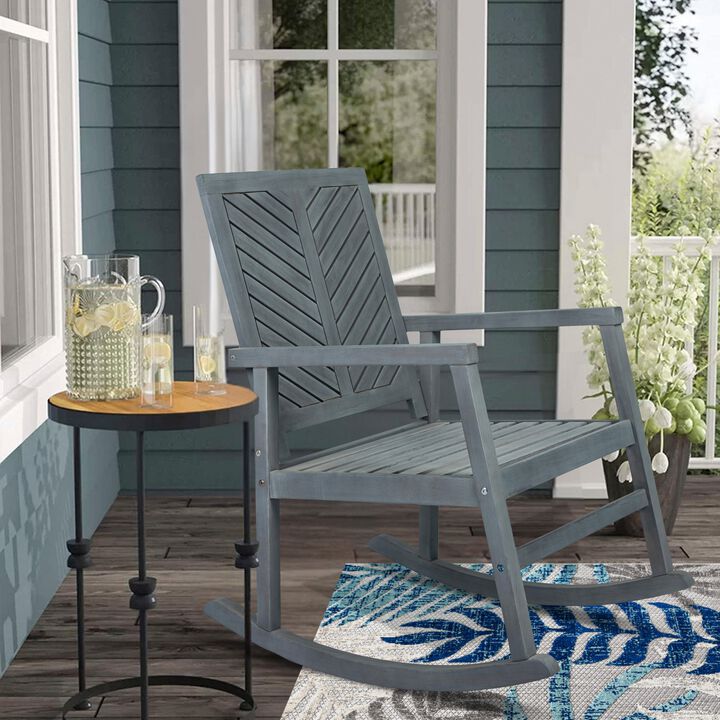 Ned Modern Chevron-Back 300-Lbs Support Acacia Wood Patio Outdoor Rocking Chair