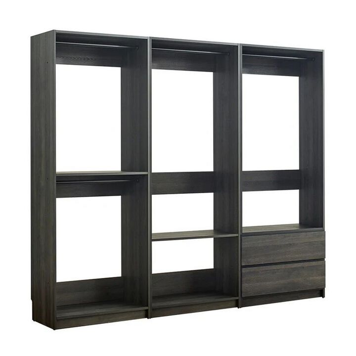 Dee Modular Closet System, 4 Clothing Racks, 2 Drawers, Dark Gray Wood - Benzara