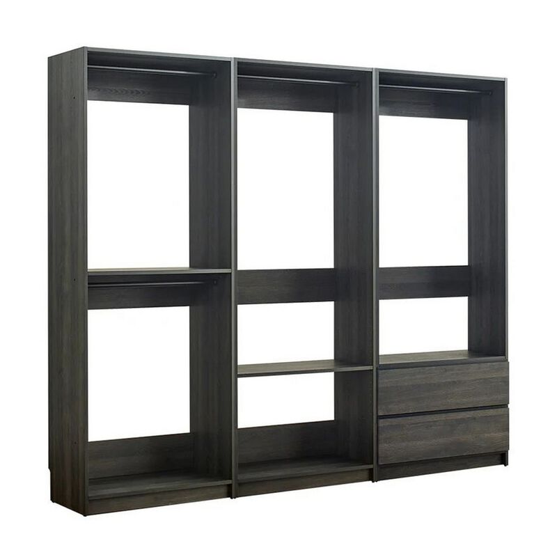 Dee Modular Closet System, 4 Clothing Racks, 2 Drawers, Dark Gray Wood - Benzara